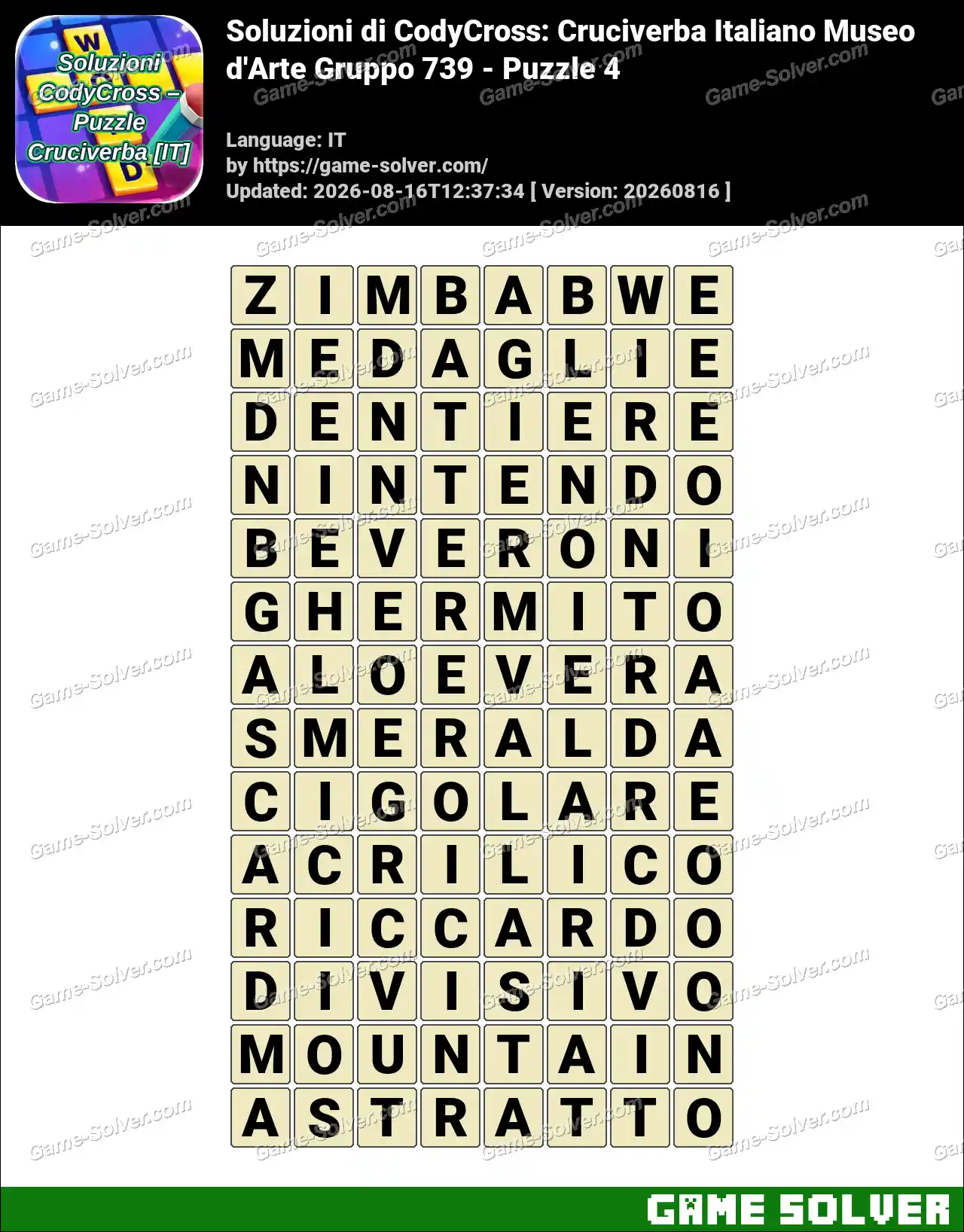 Soluzioni di CodyCross: Cruciverba Italiano Museo d’Arte Gruppo 739 – Puzzle 4